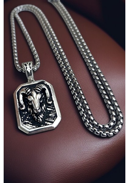 Gümüş Kaplama Krom-Çelik K-136 Erkek Kolyesi Koç Burcu Madalyon indirimleri