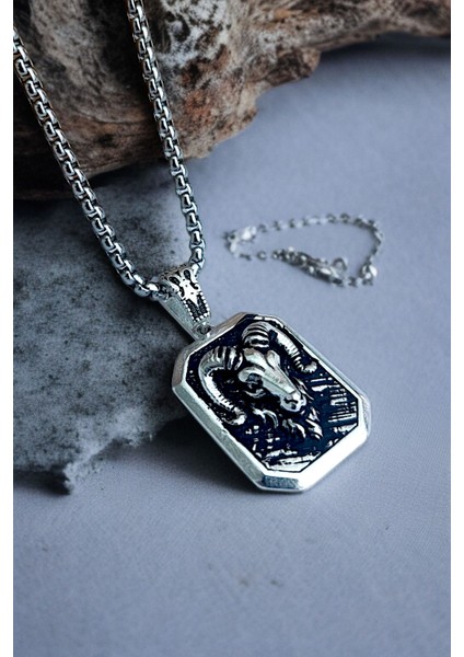 Gümüş Kaplama Krom-Çelik K-136 Erkek Kolyesi Koç Burcu Madalyon