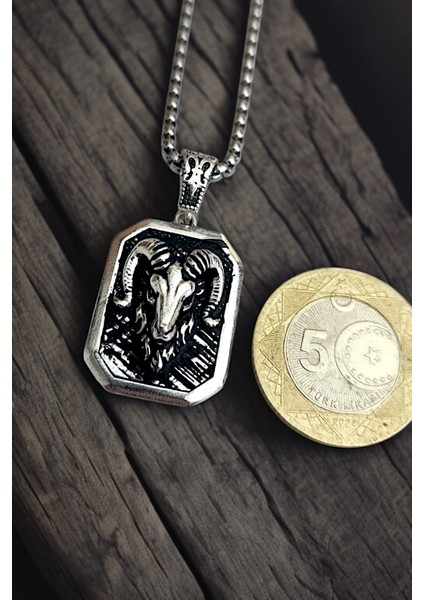 Gümüş Kaplama Krom-Çelik K-136 Erkek Kolyesi Koç Burcu Madalyon