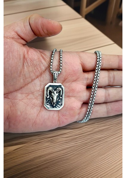 Gümüş Kaplama Krom-Çelik K-136 Erkek Kolyesi Koç Burcu Madalyon