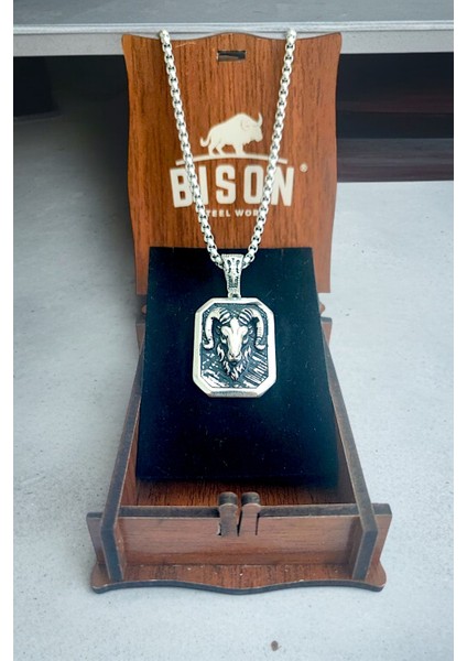 Gümüş Kaplama Krom-Çelik K-136 Erkek Kolyesi Koç Burcu Madalyon