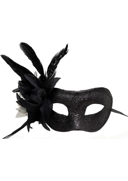 Siyah Renk Metalize Sim Görünümlü Parlak Tüylü Parti Maskesi 22X19 cm