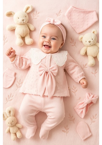 0-3 Ay Kız Bebek Paris Vintage Tak, Çıkar Fiyonklu 5'li Hastane Çıkışı Yeni Doğan Seti