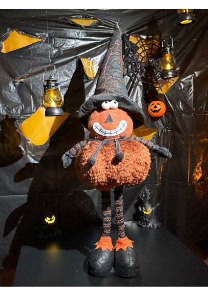 75 cm Cadılar Bayramı Balkabağı Cadı Dekoru | Peluş ve Şapkalı Figür