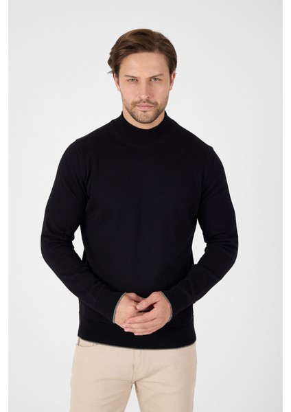 Siyah Saf %100 Pamuk Erkek Yarım Balıkçı Yaka Triko Kazak