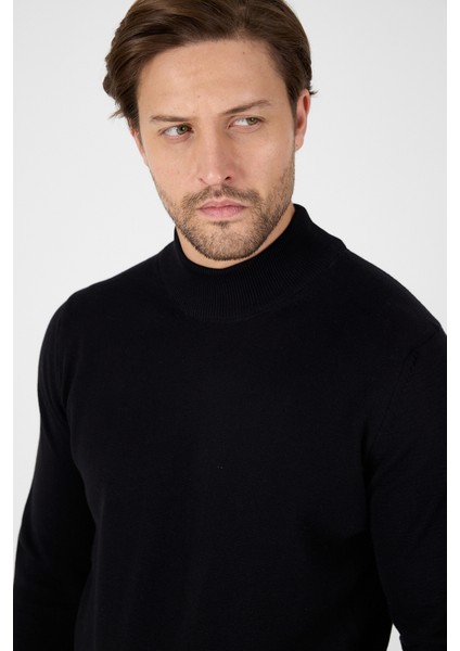 Siyah Saf %100 Pamuk Erkek Yarım Balıkçı Yaka Triko Kazak