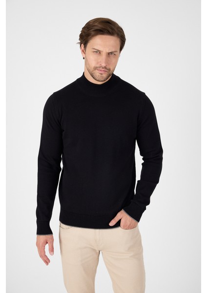 Siyah Saf %100 Pamuk Erkek Yarım Balıkçı Yaka Triko Kazak