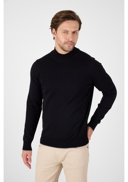 Siyah Saf %100 Pamuk Erkek Yarım Balıkçı Yaka Triko Kazak