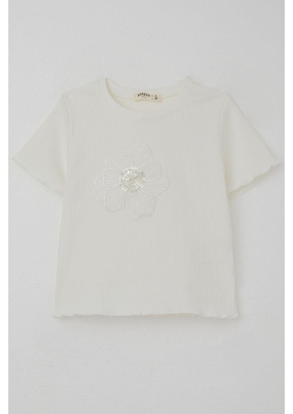 Kız Çocuk Tişört Tül Çiçek Armalı Boncuk Aksesuarlı Kemer Boy 8-14 Yaş, Ekru
