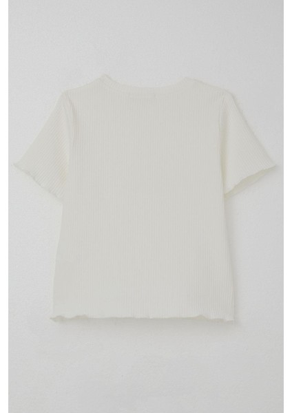 Kız Çocuk Tişört Tül Çiçek Armalı Boncuk Aksesuarlı Kemer Boy 8-14 Yaş, Ekru