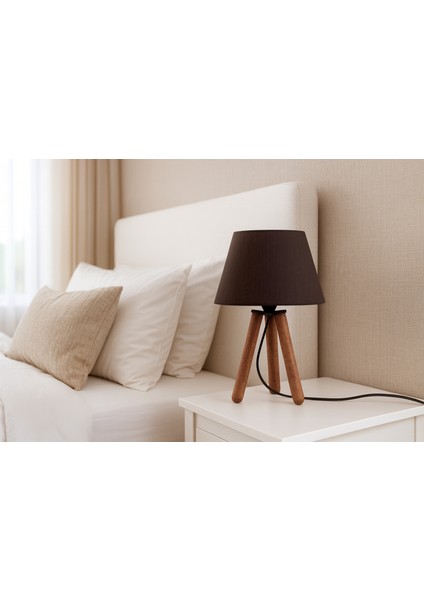 Ahşap Üç Ayaklı Siyah Abajur - Doğal Tasarım Şık Aydınlatma Lambası - Oturma, Çalışma, Yatak Odası