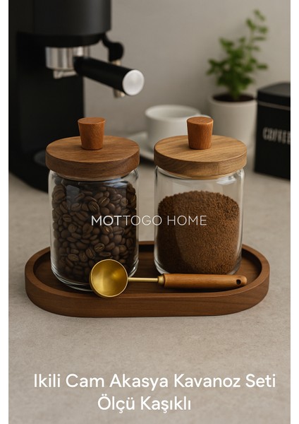 Ölçü Kaşıklı 2'li Akasya Vakumlu Kapak Cam Kavanoz Seti 700ML