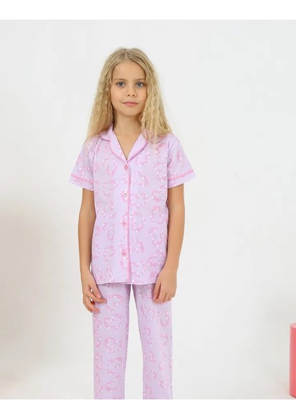 Minykids Çiçek Desen Lila Kısa Kollu Önden Düğmeli %100 Pamuklu Kız Çocuk Pijama Takım