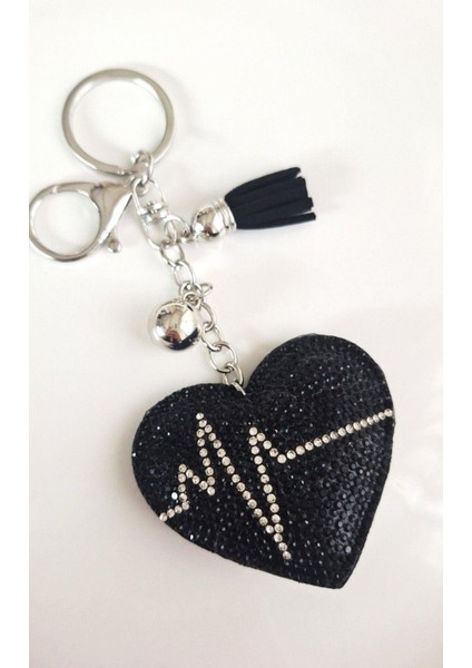 Hediyelik Zirkon Taşlı Siyah Kalp Şık Anahtarlık & Çanta Süsü 14,5x6,5 cm