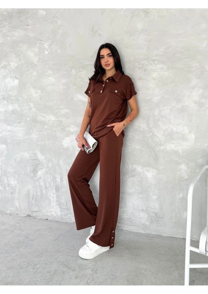Düğmeli Polo Yaka Paça Yırtmaçlı Modal Kumaş Kısakol Eşofman Takım