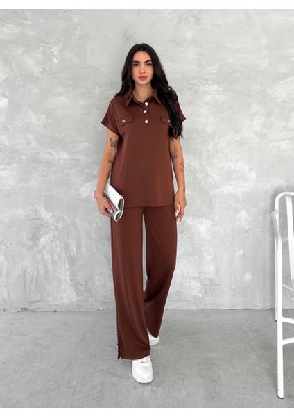 Düğmeli Polo Yaka Paça Yırtmaçlı Modal Kumaş Kısakol Eşofman Takım modelleri