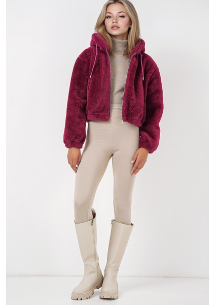 Kadın BDART Sahte Kürk Leopar Desenli Kapşonlu Crop Hoodie Purple