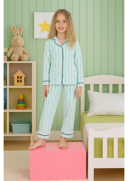 Minykids Çizgili %100 Pamuk Önden Düğmeli Yeşil Kız Çocuk Pijama Takım