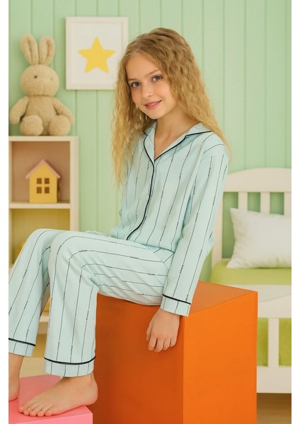 Minykids Çizgili %100 Pamuk Önden Düğmeli Yeşil Kız Çocuk Pijama Takım modelleri