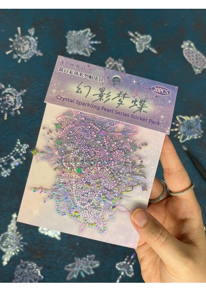 20 Adet 3D Kristal Işıltılı Inci Serisi Mor Paket Sticker Seti / Etiket / Çıkartma / Su Geçirmez