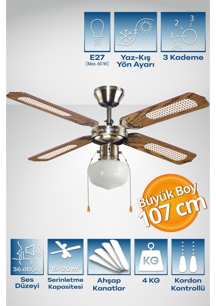 4 Kanatlı Ahşap Gövdeli Aydınlatmalı Enerji Tasarruflu Modern Tavan Vantilatörü 107 cm – İç Mekan Kullanım