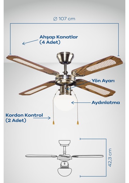 4 Kanatlı Ahşap Gövdeli Aydınlatmalı Enerji Tasarruflu Modern Tavan Vantilatörü 107 cm – İç Mekan Kullanım
