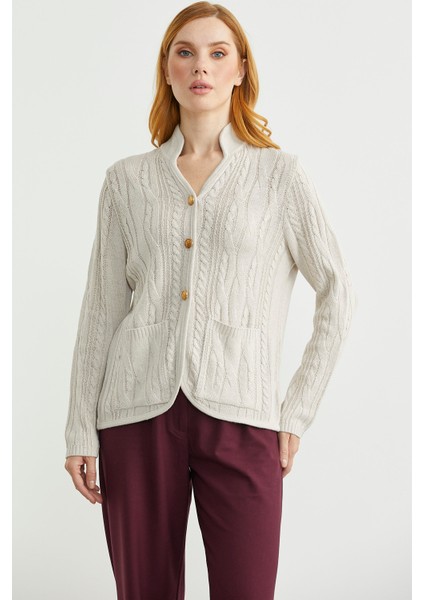 Hakim Yaka Cepli Yün Triko Ceket - Taş