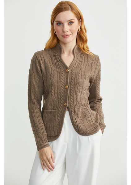 Hakim Yaka Cepli Yün Triko Ceket - Sütlü Kahve