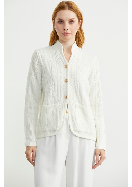 Hakim Yaka Cepli Yün Triko Ceket - Kemik