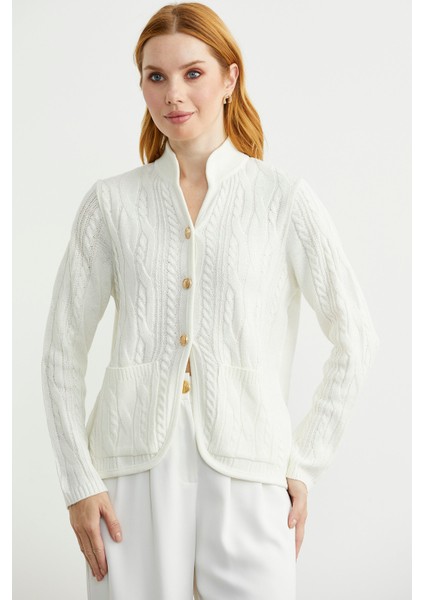 Hakim Yaka Cepli Yün Triko Ceket - Kemik fiyatları