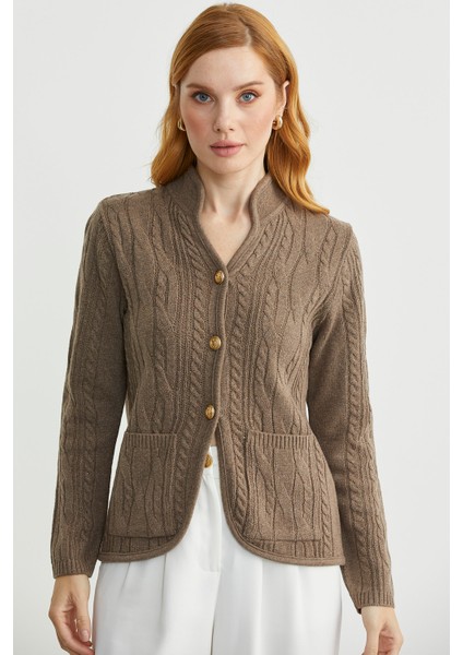 Hakim Yaka Cepli Yün Triko Ceket - Sütlü Kahve fiyatları