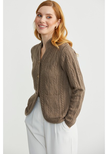 Hakim Yaka Cepli Yün Triko Ceket - Sütlü Kahve modelleri