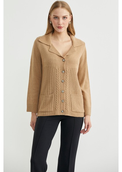 Yünlü Cepli Düğme Detaylı Triko Ceket - Kamel fiyatları
