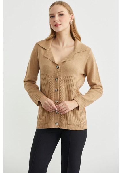 Yünlü Cepli Düğme Detaylı Triko Ceket - Kamel indirimleri