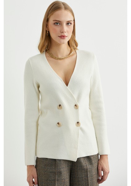 Maskülen Kruvaze Triko Ceket - Kemik