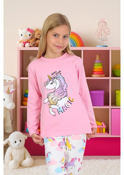 Minykids Unicorn Desen %100 Pamuk Pembe Kız Çocuk Pijama Takım