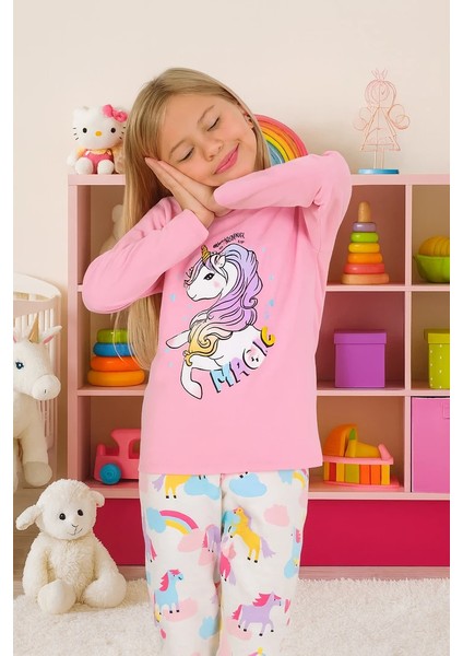 Minykids Unicorn Desen %100 Pamuk Pembe Kız Çocuk Pijama Takım modelleri