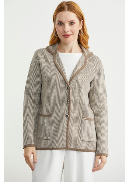 Kazayağı Şal Yaka Yünlü Triko Ceket - Sütlü Kahve