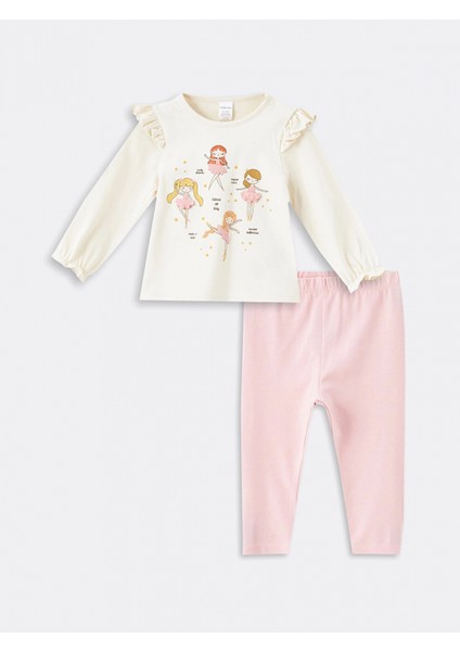 Lcw Baby Ekru Bisiklet Yaka Uzun Kollu Baskılı Kız Bebek Bluz ve Tayt 2'li Takım