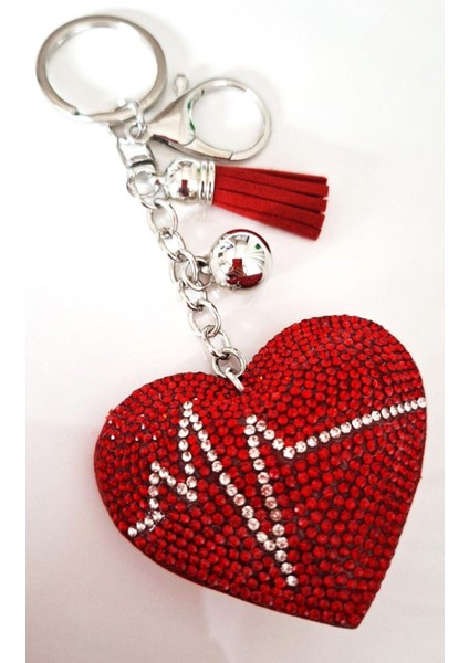 Yeni Yıl Hediyesi Zirkon Taşlı Kırmızı Kalp Anahtarlık 14,5 cm
