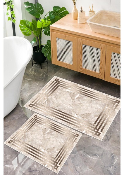 Dijital Baskı Çerçeveli Mermer Desen Kaymaz Taban 2li Set Banyo Paspası Klozet Takımı (50x60cm-60x100cm)