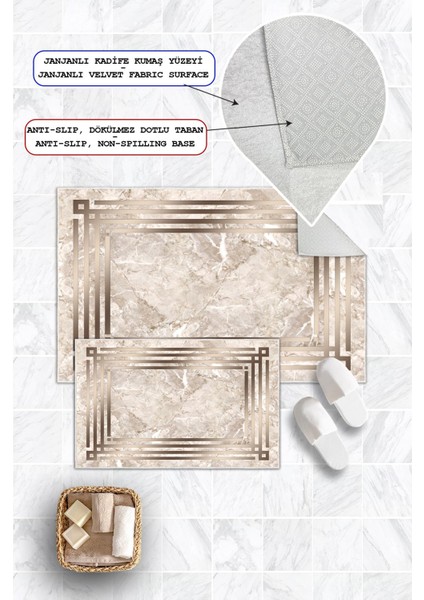Dijital Baskı Çerçeveli Mermer Desen Kaymaz Taban 2li Set Banyo Paspası Klozet Takımı (50x60cm-60x100cm) modelleri
