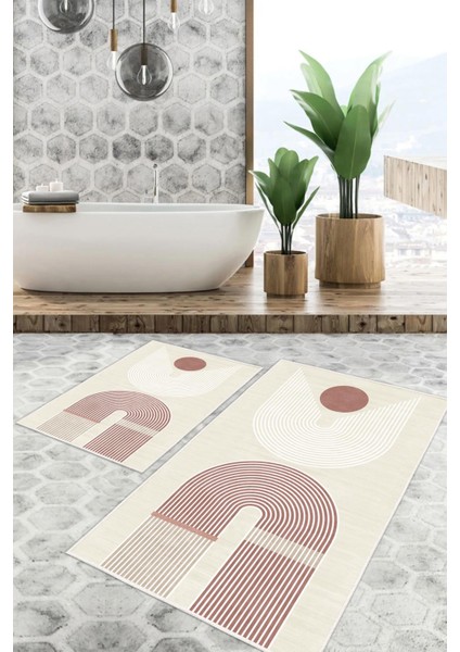 Dijital Baskı Modern Desen Kaymaz Taban 2li Set Banyo Paspası Klozet Takımı (50x60cm-60x100cm)
