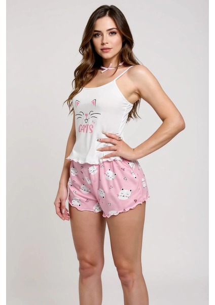 Renkli Kedi Desenli Askılı Şortlu Kadın Pijama Takımı fiyatları