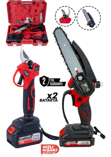 18V Çift Akülü Çelik Şanzıman Dal Budama Makası & Testeresi 2 Li Set