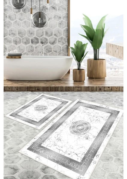 Dijital Baskı Mermer Desen Kaymaz Taban 2li Set Gri Klozet Takımı (50x60cm-60x100cm)