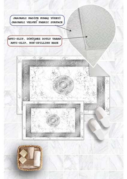 Dijital Baskı Mermer Desen Kaymaz Taban 2li Set Gri Klozet Takımı (50x60cm-60x100cm) fiyatları