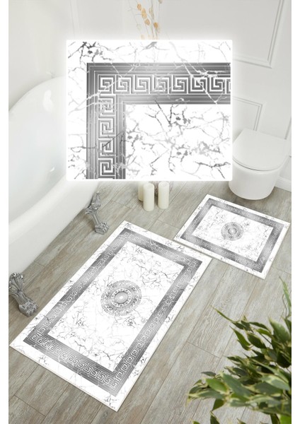 Dijital Baskı Mermer Desen Kaymaz Taban 2li Set Gri Klozet Takımı (50x60cm-60x100cm) modelleri