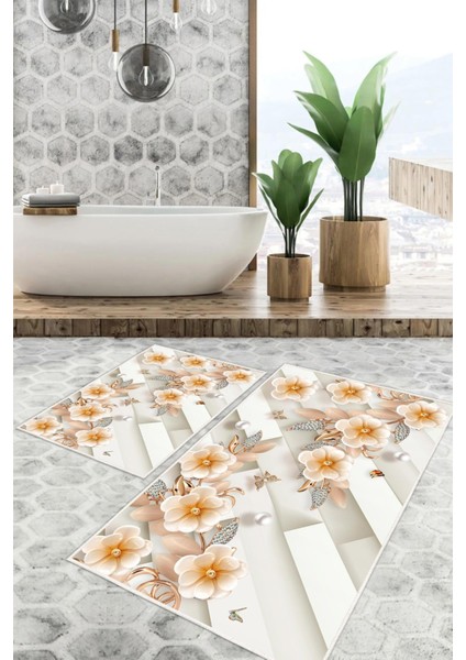 Dijital Baskı Çicek Desen Kaymaz Taban 2li Set Banyo Paspası Klozet Takımı (50X60CM-60X100CM)