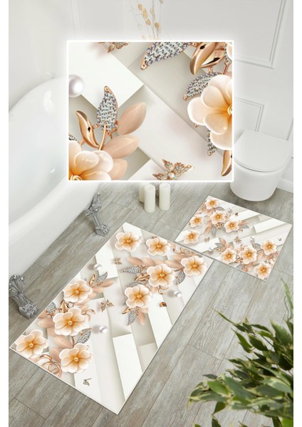 Dijital Baskı Çicek Desen Kaymaz Taban 2li Set Banyo Paspası Klozet Takımı (50X60CM-60X100CM) modelleri